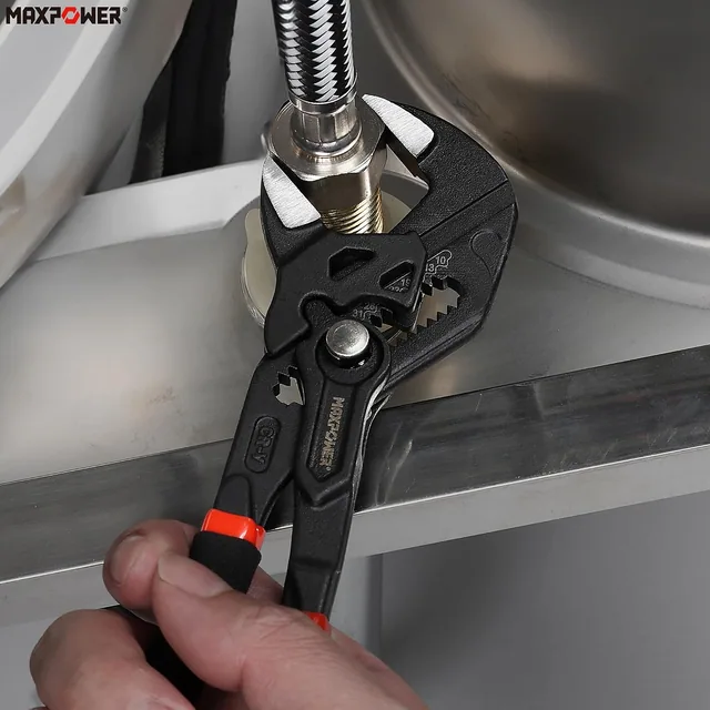 MAXPOWER smooth-jaw pliers wrench positioned on a fitting