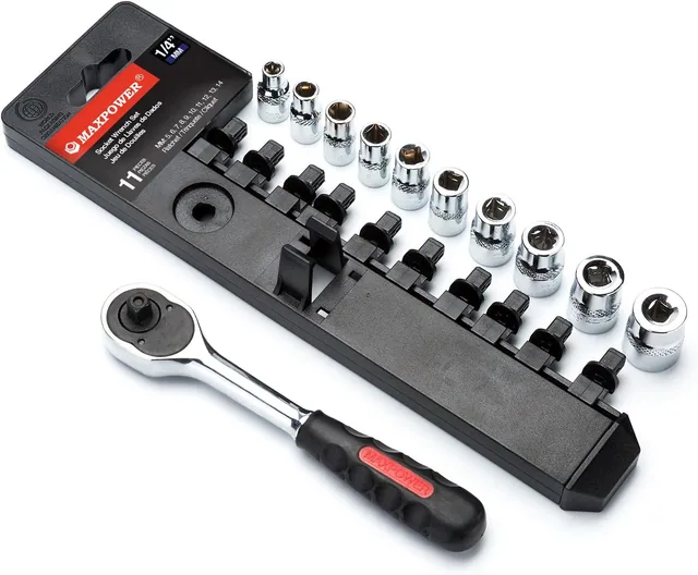 MAXPOWER metric sockets arranged beside their ratchet